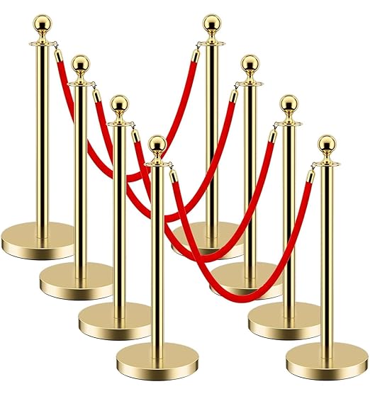 8PCS Gold Stanchion Post with 5 Ft Rope Stainless Steel Crowd Control Barriers Used for Theaters Parties Wedding Museums Exhibition