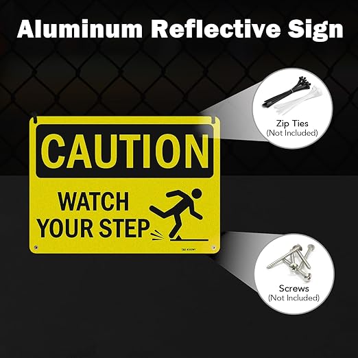 T&R Caution Watch Your Step Signs - 2 Pack - 10 x 7 Inches Rust Free .040 Aluminum -Reflective, UV Protected, Waterproof, Weatherproof and Fade Resistant - 4 Pre-drilled Holes