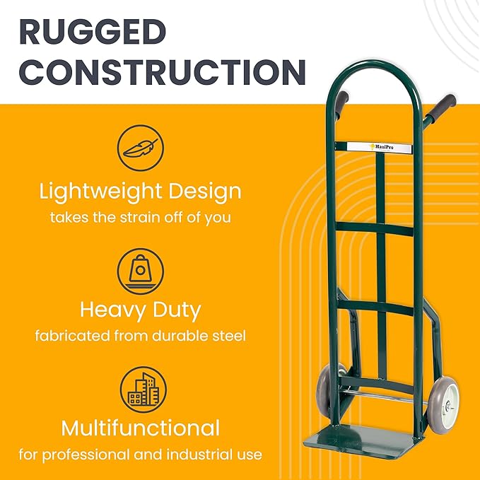 HaulPro Heavy Duty Hand Truck with Double-Grip Handle - Steel Dolly Cart for Moving - 800 Pound Capacity - 8" - Rubber Wheels - 50" H x 18.5" W with 14" x 9.5" Nose Plate - Green