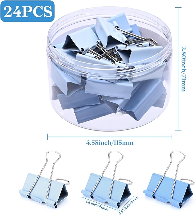 Temiary Aesthetic Binder Clips, 24 Pcs 1.6 Inches Small Metal Binder Clip with Clear Storage Container, Binding Paperwork Clamps for School Teachers Office Supplies (Blue)