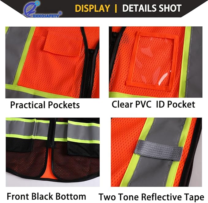 Reflective Mesh Safety Vest for Men Women with 5 Pockets and Zipper Front High Visibility Mesh Vest Hi Vis Construction Work Vest,Meets ANSI/ISEA Standards(EK175-Orangeblack-3XL)