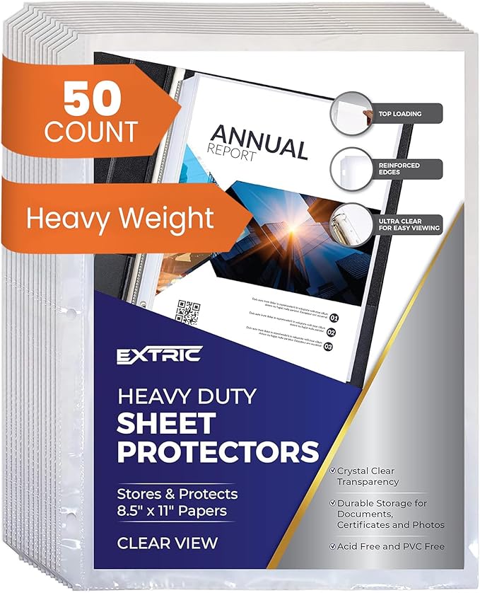 Heavy Duty Sheet Protectors for 3 Ring Binder, 50 Count Clear Page Protectors, Top Loading Plastic Sleeves 8.5 x 11 inch (Heavy Duty, 50)