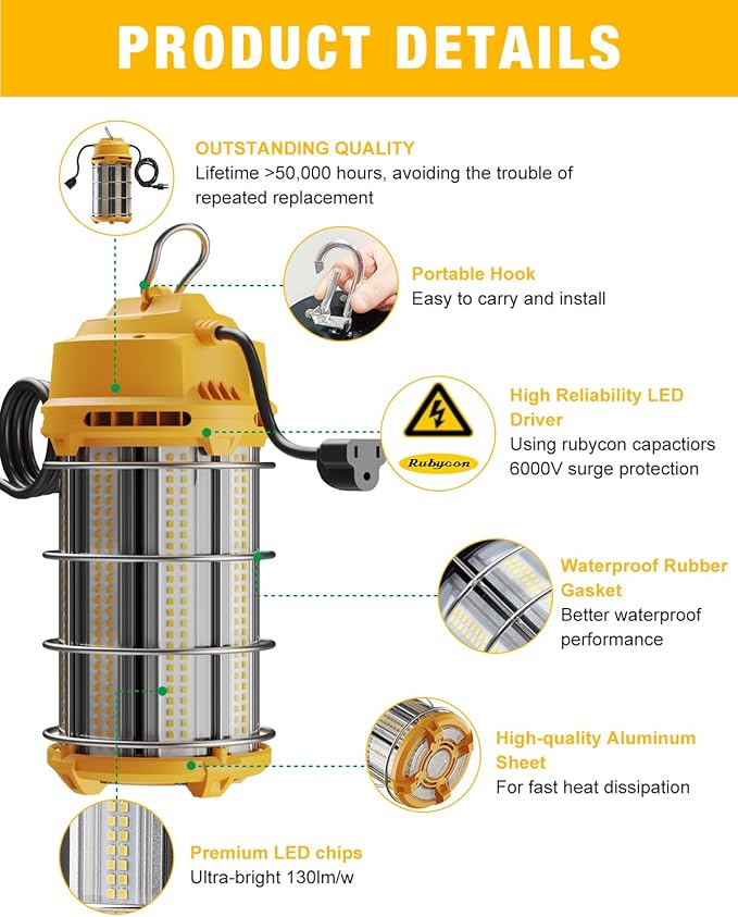 LED Temporary Work Light 150W 5000K 19,500lm Outdoor Construction Lights Job Site Lighting 10ft Cord Dust Waterproof Hanging Lighting