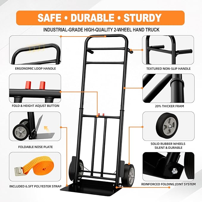 Folding Hand Truck Heavy Duty, 600 LB - 800 LB Moving Dolly Cart, Compact Foldable Alloy Steel Design, Adjustable 47.5"/51.5", 8" Solid Rubber Wheels, Ideal for Warehouse, Home, Office, Small Business