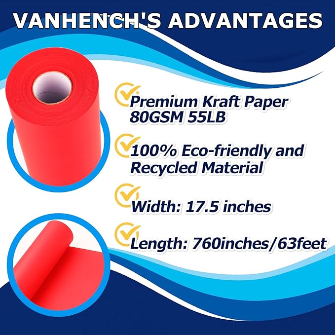 Vanhench Red Wrapping Paper Roll 17.5" x 760" (63') for Women Men Kids Girls, Solid Color Art Kraft Craft for Christmas, Wedding, Birthday, Mothers Day Gifts, Bouquet Flower Poster Bulletin Board