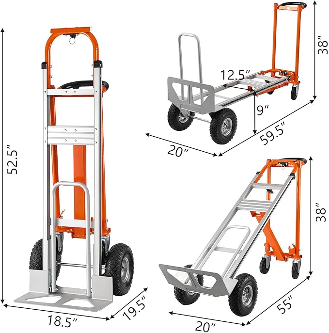 3in1 Convertible Hand Truck, Aluminum Hand Trucks 880 lb Capacity, Utility Dolly Cart Converts from Hand Truck Dolly to Platform Cart 3 Positions for Transport & Moving with 10" Rubber Wheels