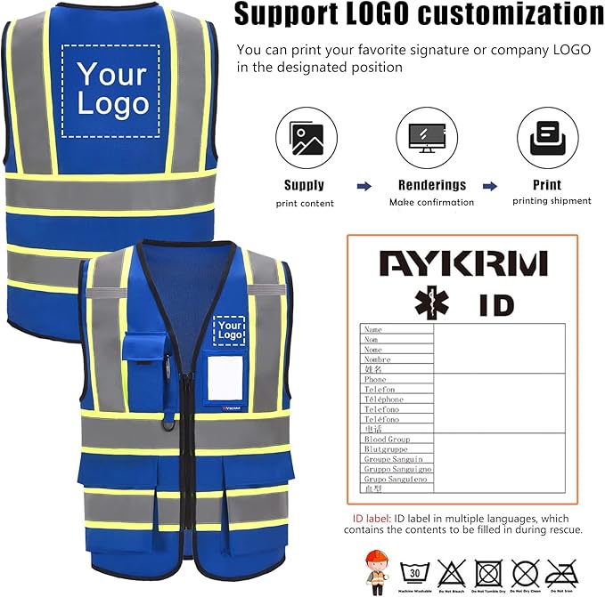 AYKRM 11 color High Vis Reflective Safety Vest for Women Men Security Pocket Zipper