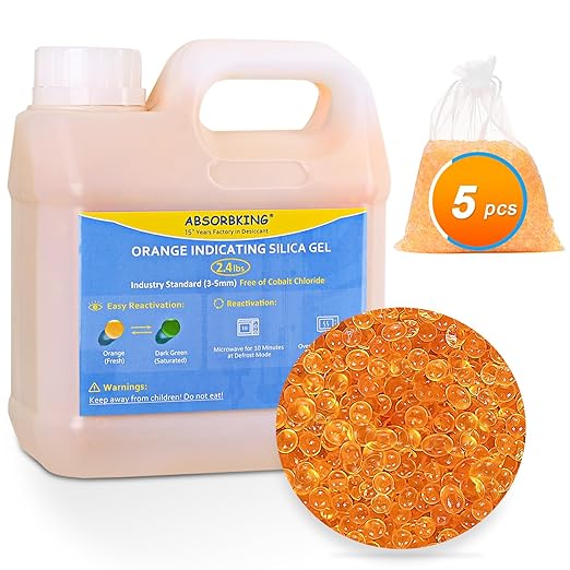 Desiccant Beads – 2.4 LBS Silica Beads with Orange Indicating Silica Gel, Premium Silica Gel Beads 3-5mm Industry Standard, Rechargeable Desiccant Used for 3D Filament
