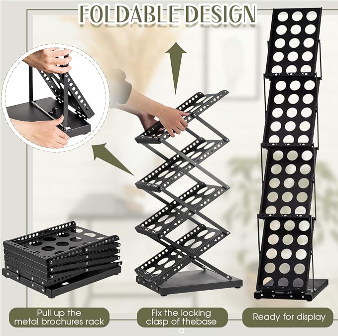 Tatuo 4 Pieces Foldable Magazine Rack Metal Catalog Literature Rack Portable 4 Pockets with Carrying Bag Brochure Stand Literature Display Holder Stand for Exhibition Trade Show