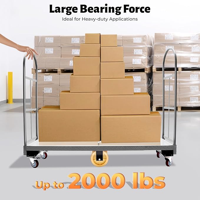64.6Lx15.7H U-Boat Platform Truck Dolly, 2000lbs Heavy Duty U Boat Cart Steel with 6PCS Wheel Caster and 2 Side Fences for for Industrial, Retail, Warehouse