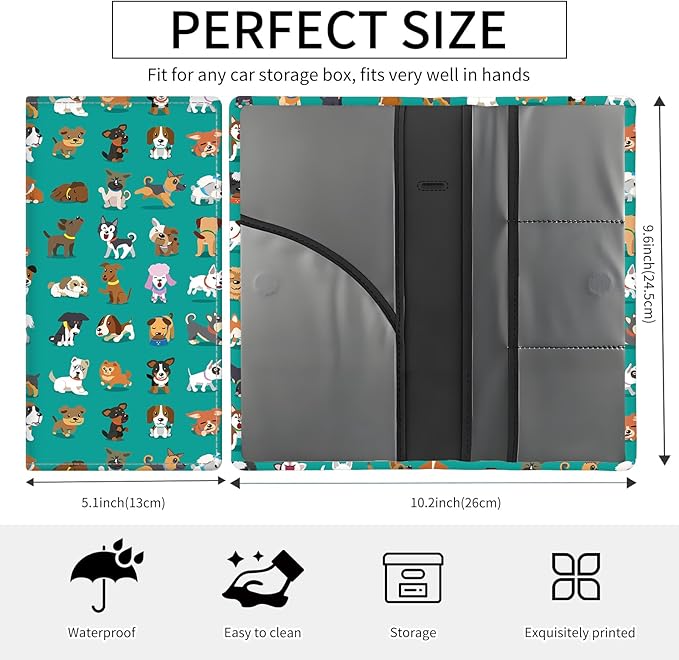 Premium Car Registration and Insurance Card Holder, Cute PU Leather Car Document Holder, Vehicle Glove Box Car Organizer with Magnetic Closure for Driver License, Cards Colorful Cute Dogs