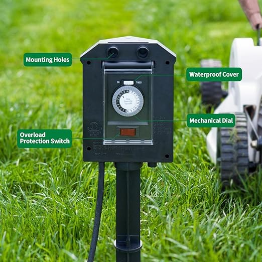 TiFFCOFiO Outdoor Power Strip Waterproof, 24 Hour Mechanical Timer, 15 ft Extension Cord, 6 Grounded Outlets for Outdoor Lights, ETL Listed (15 FT)