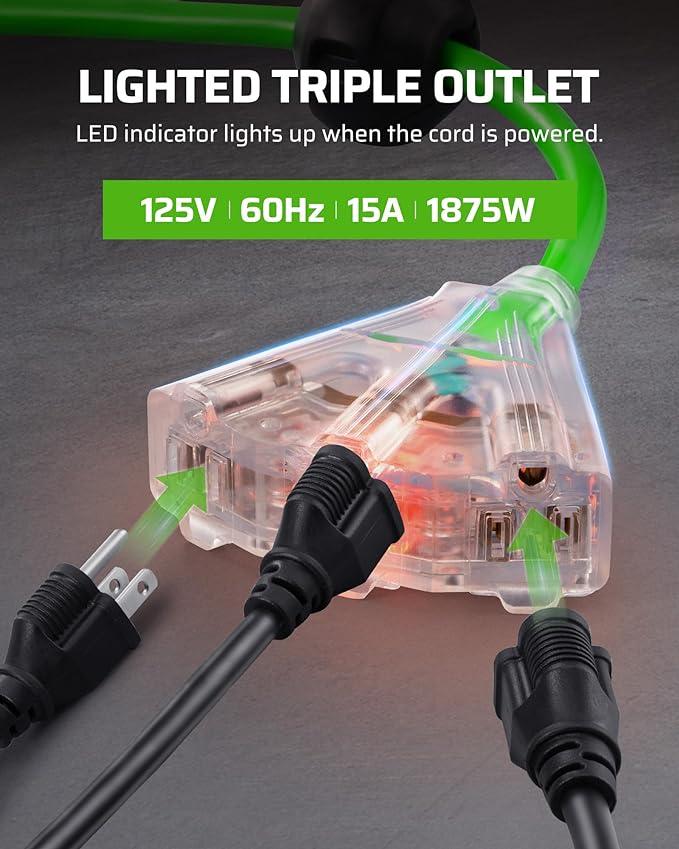 DEWENWILS Retractable Cord Reel, 60FT Heavy Duty Extension Cord, 12AWG/3C SJTOW, 3 Grounded Outlets Lighted Triple Tap, 15A Circuit Breaker, Wall/Ceiling Mounted for Garage, Workshop, UL Listed, Green
