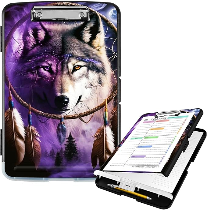 Clipboard with Storage High Capacity Plastic Nursing Clipboards with Pen Holder File Folder Storage Box Clipboard with Heavy Duty Clips for Teacher,Doctor,Offices-Dream Catcher Wolfs