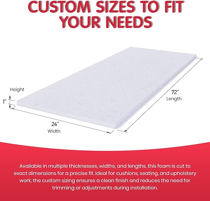FOAMYFOAM 5Pack High Density 1 inch Thick, 24 inch Wide, 72 inch Long Upholstery Foam, Cushion Replacement
