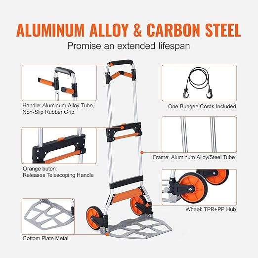 VEVOR Folding Hand Truck and Dolly, 309 Lbs Capacity, Aluminum Foldable Cart, Heavy-Duty Luggage Trolley Cart with Telescoping Handle and PP+TPR Wheels for Home, Office, Shopping, Travel