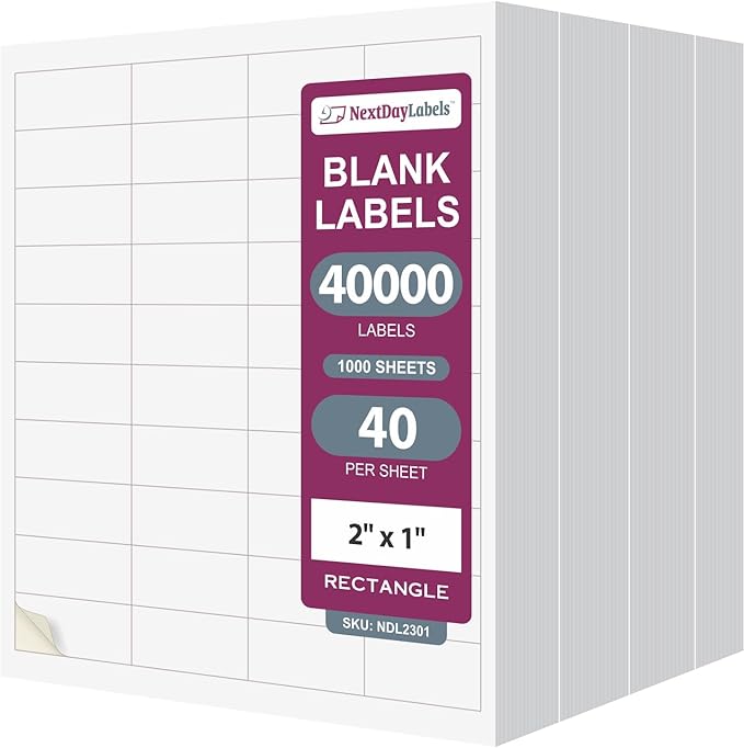 NextDayLabels – 2" x 1" Rectangular Sticker Labels for Printer - White Laser/Inkjet Printer Labels Return Address Labels Shipping Label Stickers (1000 Sheets, 40 Per Sheet, 40000 Labels)