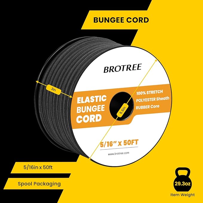Bungee Cord Elastic Shock Cord 5/16" x 50' Bungee Rope for DIY, Tie Downs, Kayak and Outdoor - Black