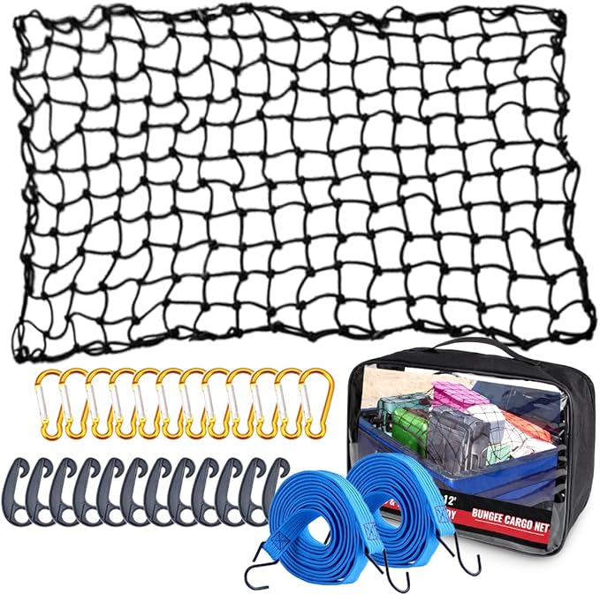 Bungee Cargo Net 4' x 6' Stretchable to 8' x 12' for Pickup Truck Bed Trailer Luggage Net Heavy Duty Tie-Down Mesh with 12 Pcs Hooks and Metal Carabiner Clips