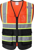 Reflective Mesh Safety Vest for Men Women with 5 Pockets and Zipper Front High Visibility Mesh Vest Hi Vis Construction Work Vest,Meets ANSI/ISEA Standards(EK175-Orangeblack-XL)