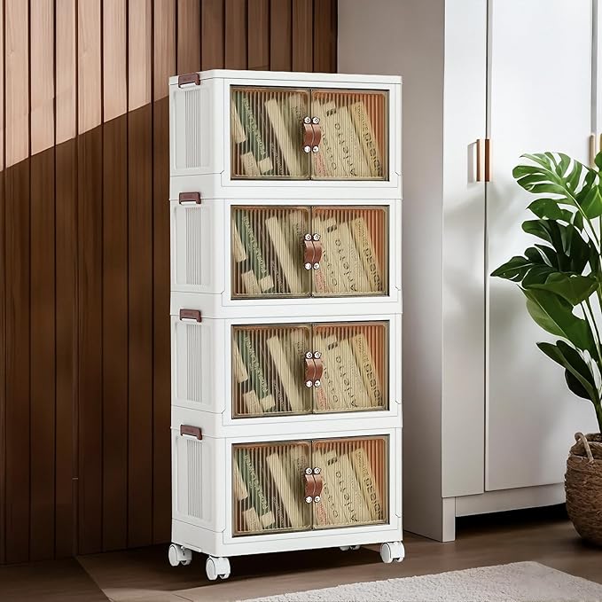 4 Tier Plastic Stackable Storage Bins and Boxes Organizer, Foldable Containers, Stackable Closet Organizers, Collapsible Boxes, White (4 Tier, 23.6″)