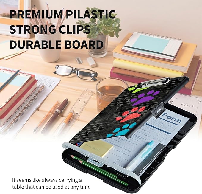 Clipboard with Storage High Capacity Plastic Nursing Clipboards with Pen Holder File Folder Storage Box Clipboard with Heavy Duty Clips for Teacher,Doctor,Offices-Paw Prints