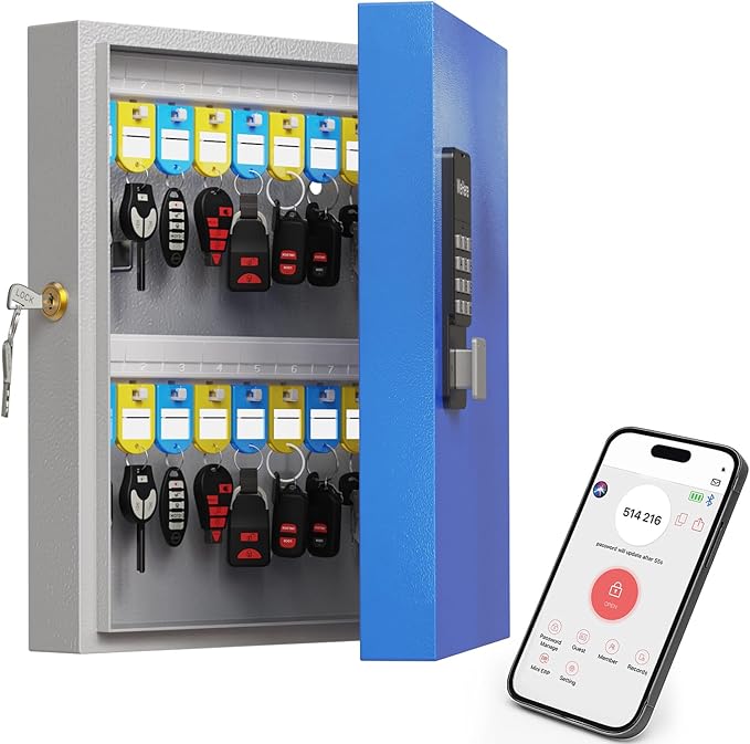 WeHere 32 Key Lock Box (Plus) Wall Mount, APP Bluetooth/OTP/Wi-Fi/Fixed Code/Key Unlock, Smart Key Cabinet with Tag, Key Organizer Holder box Management Directory for Office, Valet, Car,Truck