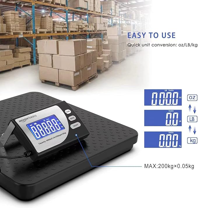 Amazon Basics Digital Postal Scale, Heavy Duty, Aluminium Platform, 440 lb Capacity, 1 Ounce Readability, Black