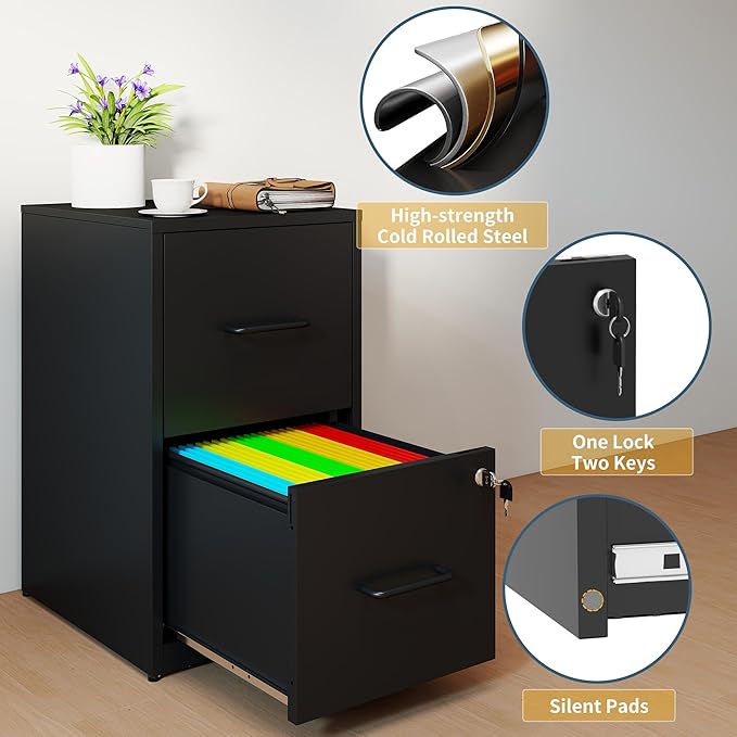 2 Drawer File Cabinet with Lock, Vertical Filing Cabinets for Home Office, Metal Storage Cabinet, Heavy Duty File Cabinet for Under Desk, Amssebly Required, Black