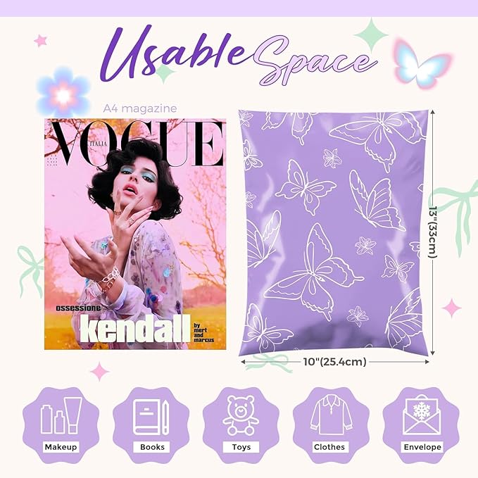 Metronic Poly Mailers 10x13 Inch 100pc Shipping Bags for Clothes,Self Adhesive Shipping Envelopes for Small Business,Waterproof Mailers Poly Bags for Shipping,Packaging Mailing Bags Purple Butterfly