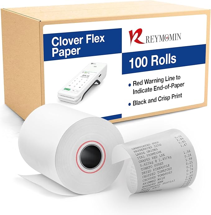 Clover Flex Paper Rolls - 100 Rolls - 2 1/4'’ x 50’- 48 GSM - Clover Flex Receipt Paper Compatible for C401, C403, C405 and C406 POS Machines - BPA Free Material
