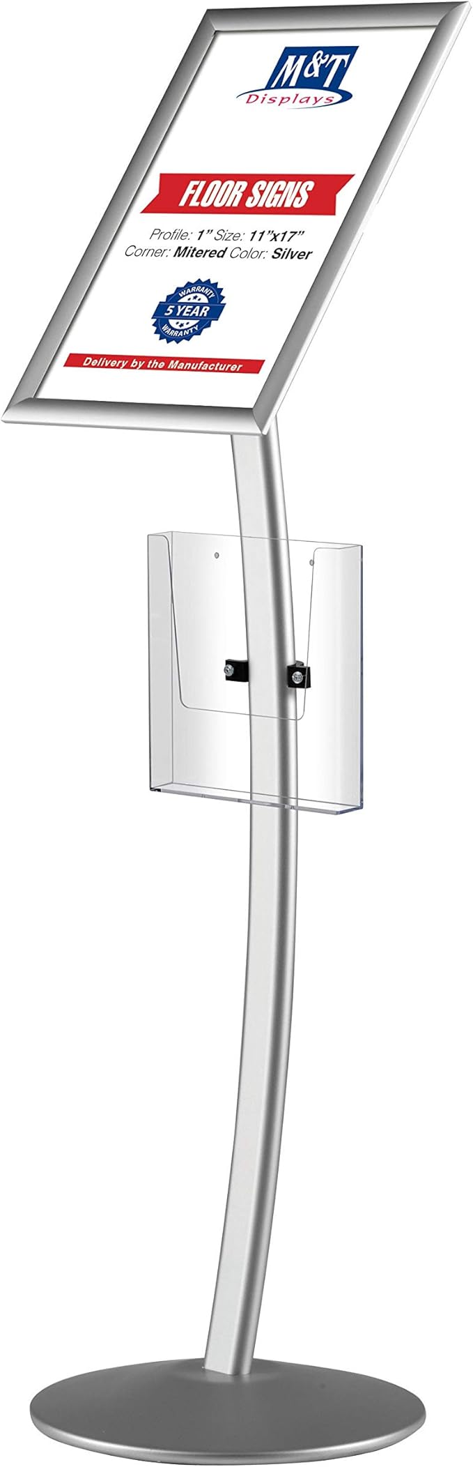 M&T Displays Curved Menu Board, 11x17 Inch Pedestal Sign Holder with 8.5x11 Inch Brochure Holder Silver Floor Standing Aluminum Front Loading Easy Open Poster Message Advertisement Post
