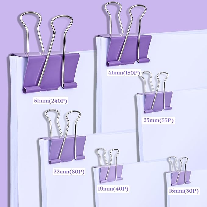 Temiary Aesthetic Binder Clips, 48 Pcs 0.98 Inches Small Metal Binder Clip with Clear Storage Container, Binding Paperwork Clamps for School Teachers Office Supplies (Purple)