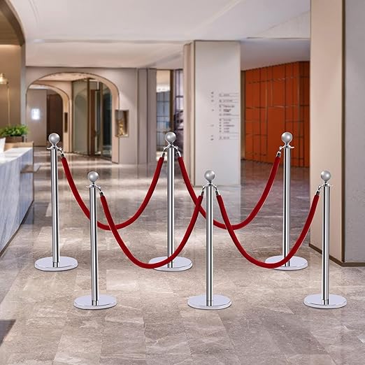 6 PCS Stanchions and Velvet Ropes Set, Hollow Base with Stainless Steel Post&4 Red Velvet Ropes, Crowd Control Barriers for Party Supplies, High-end Venues, Museums