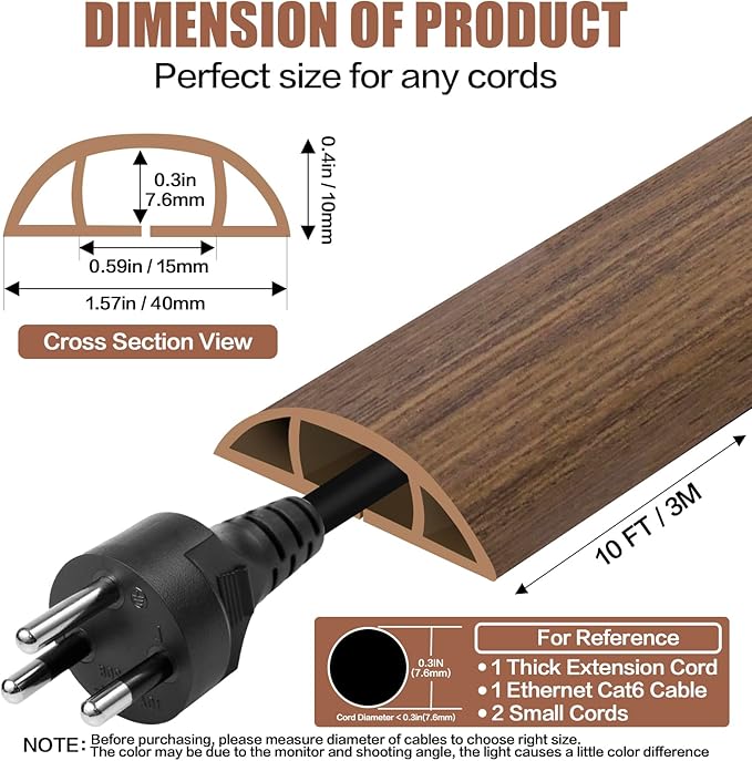 Floor Cord Cover Cable Cavity Self Adhesive Cord Hider Floor 10FT Floor Cable Management Power Cord Protector Floor Electric Cord Covers for Offices, Gym, Exhibitions (Misty Brown Wood, 1.57" x 10')