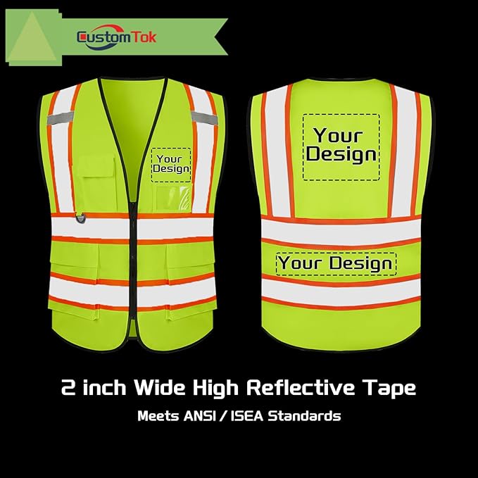 Custom Safety Vest with Logo Pockets High Visibility Reflective Vests Construction Security Workwear