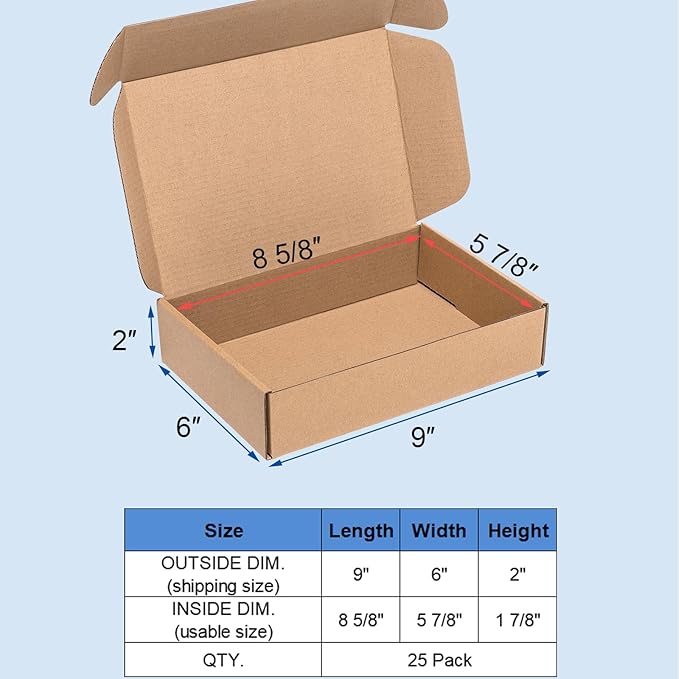 Shipping Boxes 9x6x2" 25 Pack - Brown Corrugated Cardboard Mailing Box for Small Business, Kraft Medium Literature Mailer Packaging Supplies