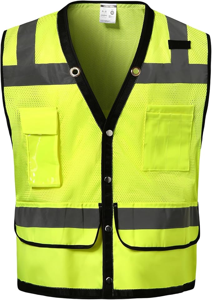 Reflective Safety Vest With Back Pocket - Hi Vis Class 2 Heavy Duty Surveyor Vest - ANSI/ISEA Standard - Men's & Women's (Lime-Button, 3XL)