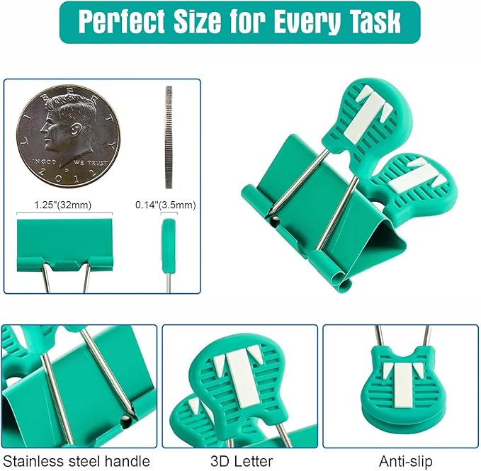 Silicone Grip Tip Binder Clips 52 Pack - Color-Coded Medium 1.25 Inch Alphabet Clips for Office, School, Crafts & Quilting | 2 Full Sets A-Z in 4 Assorted Colors | Easy Grip & Decorative Organization