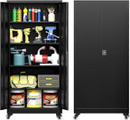 Metal Storage Cabinet with Wheels, Tall Garage Storage Cabinet with 4 Adjustable Shelves and 2 Doors, Lockable Tool Cabinet for Garage Home Office,Gym,School(Black)