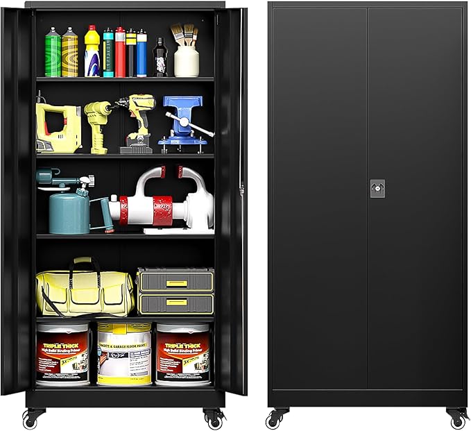 Metal Storage Cabinet with Wheels, Tall Garage Storage Cabinet with 4 Adjustable Shelves and 2 Doors, Lockable Tool Cabinet for Garage Home Office,Gym,School(Black)