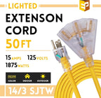 EP 50 Ft Lighted Outdoor Extension Cord with 3 Electrical Power Outlets - 14/3 SJTW Heavy Duty Yellow Extension Cable with 3 Prong Grounded Plug - Power Cord for Lawn, Garden, Appliances