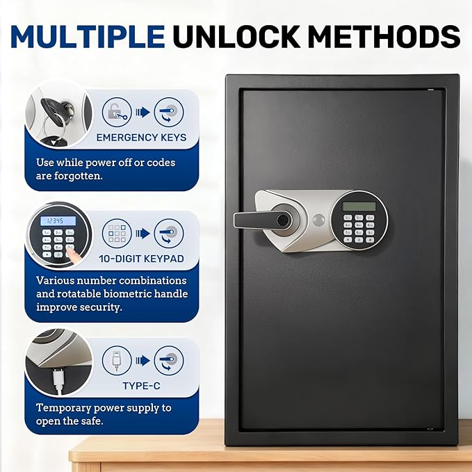 BlackSmith Large Biometric Safe 2.7 Cub Home Security Safe with Keys Keypad Lock Wall Mount Lock Box Secure Money Jewelry Valuables with Removable Shelves LED Light, Black