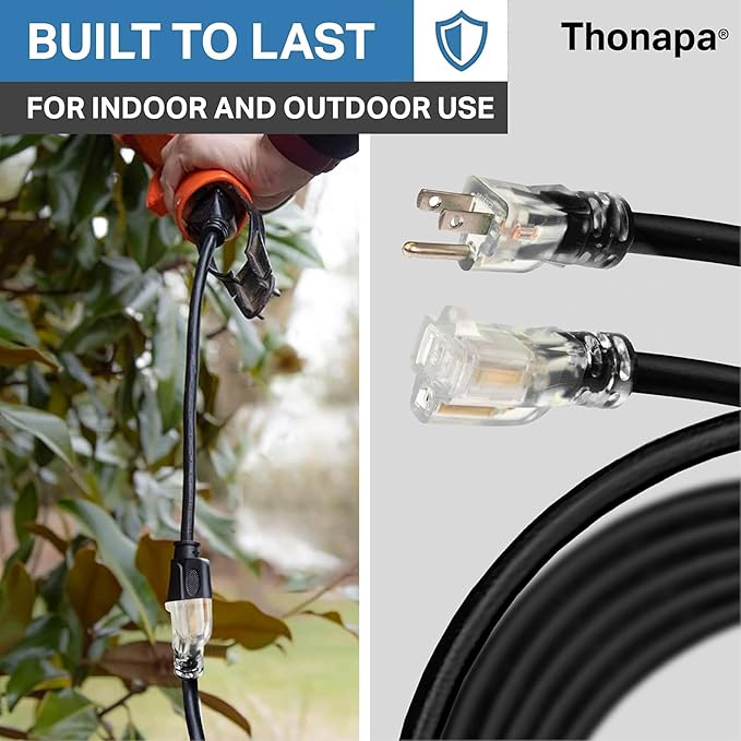 12 Gauge Heavy Duty Extension Cord 10 Ft, SJTOW Oil Resistant & Flame Retardant Black Extension Cord with 3 Prong 10 Foot, 12/3 Black Outdoor Electrical Cable Great for Farm, Ranch & Workshop