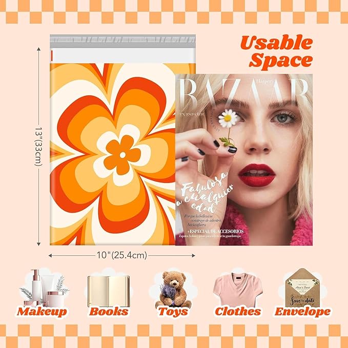 Metronic Poly Mailers 10x13" 1200pc Orange Flower, Small Shipping Bags for Clothes, Self Seal Shipping Envelopes for Small Business,Waterproof Mailers Poly Bags for Shipping,Packaging Mailing Bags