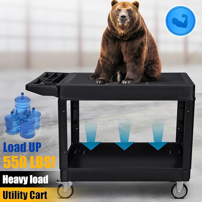 2 Tier Rolling Utility Cart on Wheels, 1000 lbs Capacity Flat Top Plastic Service Cart with Lipped Shelves, 46 x 26-Inch Heavy Duty Work Cart for Warehouse, Garage, Cleaning, Black