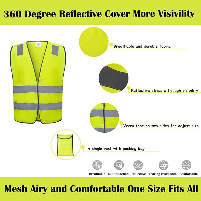 Safety Vests 20 Pack Bulk - Yellow Reflective High Visibility Construction ANSI Class 2 Work Vests for Men,Woman,Hi Vis Mesh and Neon Silver Strip