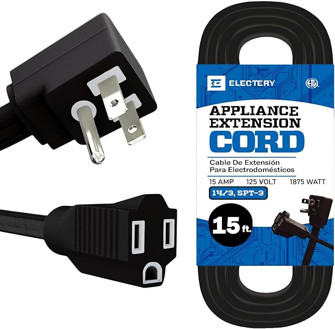 15 ft Heavy Duty Appliance Extension Cord, 14 AWG, 15A 125V 1875W, 3 Prong Flat Plug, ETL Listed, Short Power Extension Cable for Air Conditioner, Refrigerator, Microwave, Indoor Use, Black