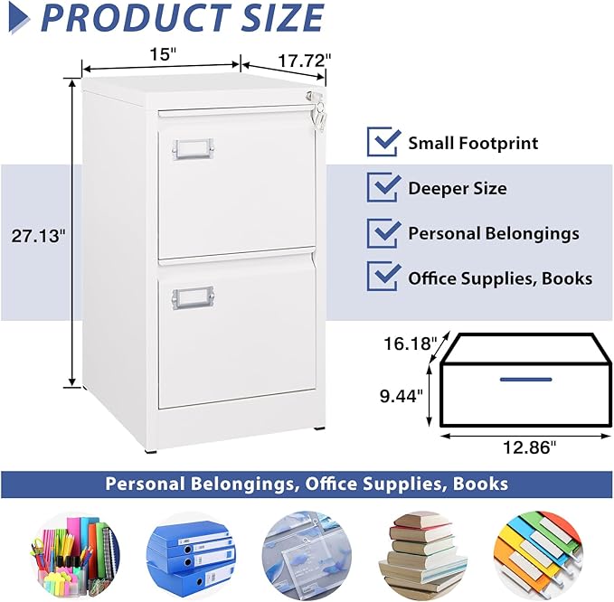 2 Drawer File Cabinet, Filing Cabinets for Home Office, Metal Vertical File Storage Cabinet with Lock, Locking File Cabinet for A4 Legal/Letter, 15" W x 17.7" D x 27.1" H, Assembly Required