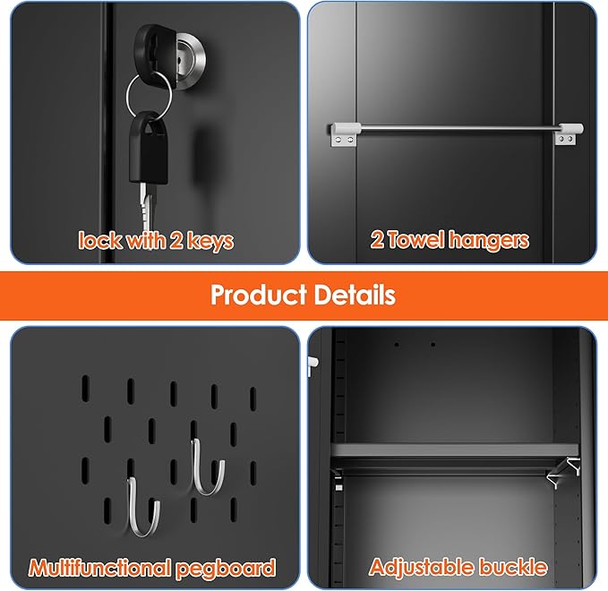 61.61" H Broom Closet Storage Cabinet with Towel Hangles and Adjustable Shelves,Metal Tool Cabinets with Pegboard and Hooks for Garage Laundry Room Home Office,Required Assembly,Black